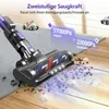 A cordless vacuum cleaner is shown cleaning a floor, transitioning from carpet to hardwood. Text overlays indicate suction power levels for different surfaces. Produktbild-Vorschau