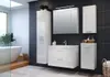 A modern bathroom with white vanity, sink, and cabinets against a dark tiled wall. Produktbild-Vorschau