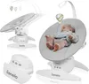 A baby is sitting in a baby bouncer with a mobile above it. The bouncer is white and gray. There are multiple views of the bouncer shown. Produktbild-Vorschau