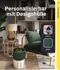 A living room scene featuring an air purifier and furniture, with overlay graphics showcasing design options. Produktbild-Vorschau