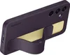 A dark violet Samsung phone case with a built-in yellow grip stand is shown from a diagonal angle. Produktbild-Vorschau