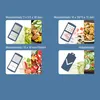 A collage of four images, each showing a different kitchen gadget attachment and the food it prepares. Produktbild-Vorschau
