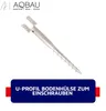 A silver screw-in ground sleeve with U-shaped top plates is shown against a white background. A dark blue banner with white text is at the bottom. Produktbild-Vorschau