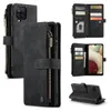 Collage of images showing a black leather wallet-style phone case for a Samsung Galaxy A12 from various angles, including open and closed views, and a close-up of the zipper and card slots. Produktbild-Vorschau