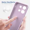 A hand is touching a purple phone case, highlighting its matte surface and soft grip. Produktbild-Vorschau
