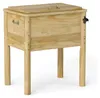 A wooden cooler with a lid, legs, and a bottle opener attached to the side. Podgląd zdjęcia produktu