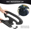 A person's hands are shown holding a car accessory that can be rotated to form a clothes hanger. A smaller inset image shows the accessory installed on a car headrest, holding a jacket. Produktbild-Vorschau