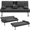A collage of a dark gray sofa bed shown in three different configurations: as a sofa with a cup holder and pillows, as a slightly reclined sofa, and as a fully extended bed. Produktbild-Vorschau