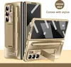 A gold-colored phone case for a foldable phone is displayed, showing its features like a stylus holder and kickstand. Náhled obrázku produktu