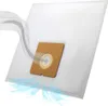 A white vacuum cleaner bag with a brown cardboard insert and an arrow indicating airflow. Produktbild-Vorschau