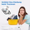 A woman leans on a washing machine with a yellow bowl of laundry next to her. A close-up of a thermostat is shown in the upper left corner. Produktbild-Vorschau