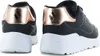 A pair of black and rose gold Skechers sneakers shown from the back. Voir les images du produit