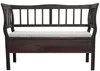 A dark wood bench with a slatted back and a light gray cushioned seat, shown from the front on a white background. Náhľad obrázku produktu