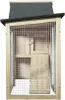 A wooden rabbit hutch with a wire mesh front. Voir les images du produit