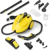 A yellow steam cleaner with various attachments arranged around it on a white background.