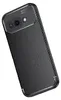 A black carbon fiber textured phone case with a camera cutout is shown at an angle on a white background. Produktbild-Vorschau