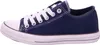 A side view of a navy blue canvas sneaker with white laces and a white sole. Produktbild-Vorschau