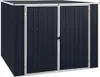A dark gray metal shed with silver trim and double doors. Náhled obrázku produktu