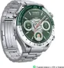 A smartwatch with a metal band and a green watch face displaying various metrics. Podgląd zdjęcia produktu