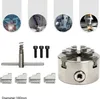 A product shot of a 4-jaw chuck and its accessories, with four smaller circular images at the top showing industrial machinery in use. Podgląd zdjęcia produktu