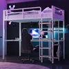 A loft bed with a desk and shelves underneath, set up in a modern bedroom with gaming-themed decor. Náhľad obrázku produktu