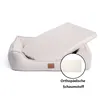 A beige corduroy dog bed with a removable inner mattress is shown against a white background. A circular inset highlights the orthopedic foam material. Anteprima dell’immagine prodotto