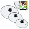 A collage of glass pot lids of various sizes, with a size chart overlay. Produktbild-Vorschau
