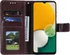 A brown flip case cover for a Samsung Galaxy A13 4G phone, shown open with the phone inside. The case has slots for cards and cash, and a clear window displaying a picture. The phone screen displays a colorful abstract image. Produktbild-Vorschau