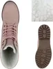 A top-down view of a pink boot, a close-up of white fluffy material, and a bottom view of the boot's sole. Produktbild-Vorschau