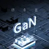 A 3D rendering of a GaN charger with circuit board elements and icons representing features. Produktbild-Vorschau