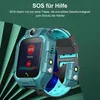 A teal smartwatch with a blue strap is shown, with text overlays describing its SOS feature. Produktbild-Vorschau