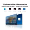 Marketing image showing compatibility of a product with Windows and MacOS, including support for M1, M2, and M3 chipsets. It displays icons for MacOS, M1, M2, M3 chips, and Windows, along with representations of a MacOS desktop and a Windows 10 desktop. Produktbild-Vorschau