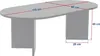 A 3D rendering of an oval coffee table with two pedestal legs, showing dimensions. Produktbild-Vorschau