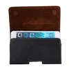 A black leather phone holster with a brown interior, showing a smartphone screen with app icons. Produktbild-Vorschau