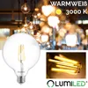 A collage featuring a large transparent LED light bulb and a close-up of its filament, set against a blurred background of hanging light bulbs. Produktbild-Vorschau