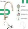 A beige kitchen faucet with accompanying descriptive graphics and text. Produktbild-Vorschau