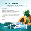 Marketing image for Himalaya Active White Herbal Toothpaste, showing benefits and product packaging. Produktbild-Vorschau