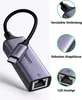 A Ugreen USB-C to Ethernet adapter shown with close-up callouts highlighting its features. Voir les images du produit