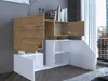A modern sideboard with open doors, displaying shelves and a wood-grain finish, set against a gray wall and a window with a city view. Náhled obrázku produktu