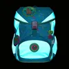 A teal school backpack with reflective elements and cartoonish leaf patterns, set against a black background. Produktbild-Vorschau