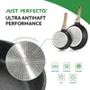 A marketing image showcasing a set of two granite frying pans with wooden handles, highlighting their non-stick performance and compatibility with various stovetops. The image includes close-ups of the pan base and icons representing different heat sources Náhľad obrázku produktu