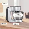 A Bosch kitchen mixer is shown on a wooden countertop with dimensions indicated by white text overlays. Produktbild-Vorschau