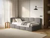 A modern bedroom with a gray upholstered bed, white curtains, and a wooden side table. Produktbild-Vorschau