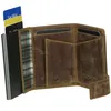 An open brown leather wallet with cards inserted into a metal card holder. Produktbild-Vorschau