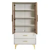 A white display cabinet with gold accents and two drawers is shown with its doors open. Podgląd zdjęcia produktu