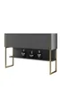 A modern anthracite sideboard with gold metal legs and three decorative vases on the shelf. Podgląd zdjęcia produktu