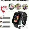 A smartwatch for children with SOS and calling features, shown with graphics illustrating its functions and contact list. Produktbild-Vorschau