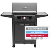 A dark gray Char-Broil Evolve gas grill is shown from the front on a white background. The grill has a digital display and side shelves. A graphic overlay lists features. Produktbild-Vorschau