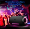 A speaker with RGB lighting is shown in front of a blurred background of people dancing at a party. Produktbild-Vorschau