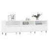 A white TV stand with multiple compartments and gold-tipped legs, displayed against a white background. Náhled obrázku produktu
